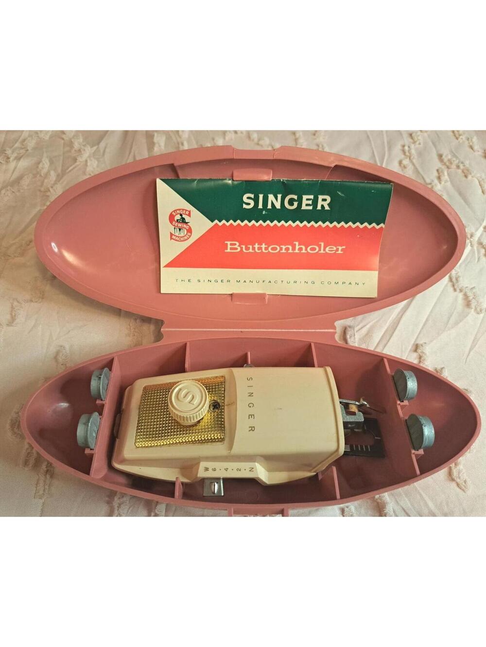 Vintage 1960 Singer Buttonholer Sewing Machine Attachment in Pink Clamshell Case